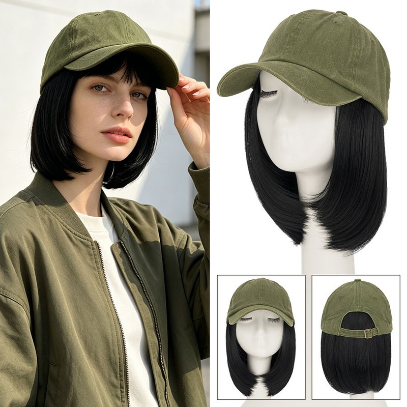 100% Natural Women Baseball Cap with Hair Extensions Hat with Hairpiece Curly US