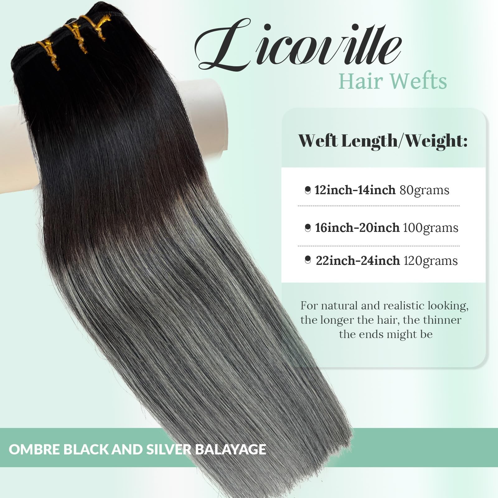 Weft Hair Extensions Balayage Black Silver Sew in Human Hair Ombre Grey Gray 16