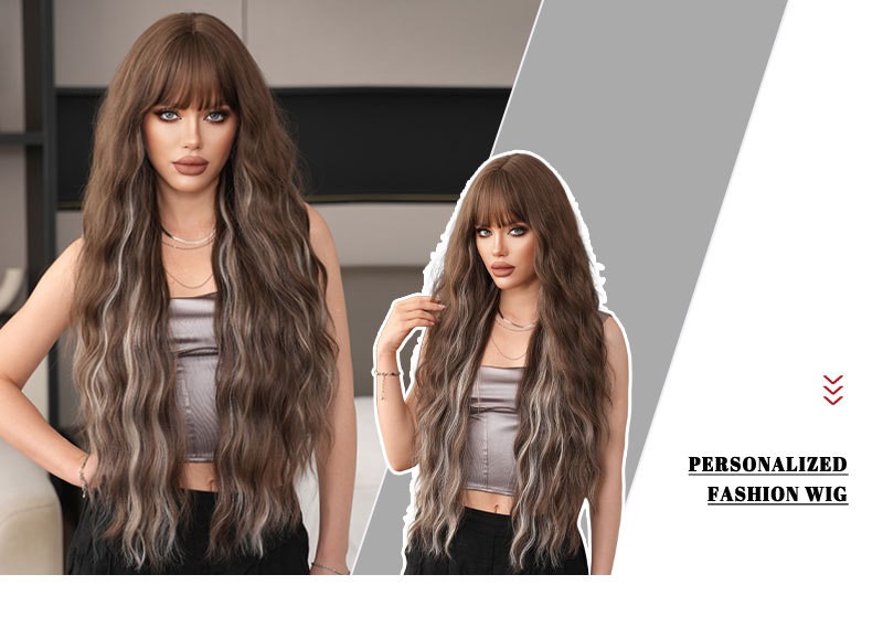 36in Extra Long Highlighted Wavy Wig with Bangs Heat Resistant Synthetic Cosplay