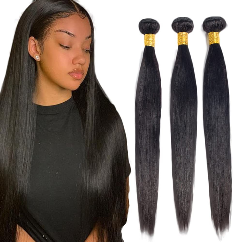 Gtaiireu Human Hair Bundles Straight Bundles 28 28 28 Inch 1B Natural Color
