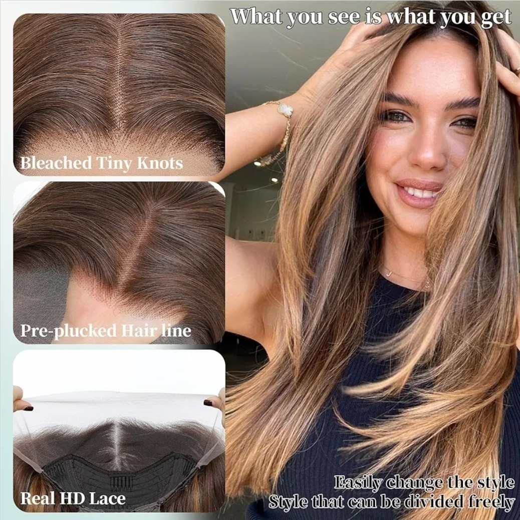 HD Lace Front Wig Human Hair Blend Highlights Straight Honey BROWN Blonde