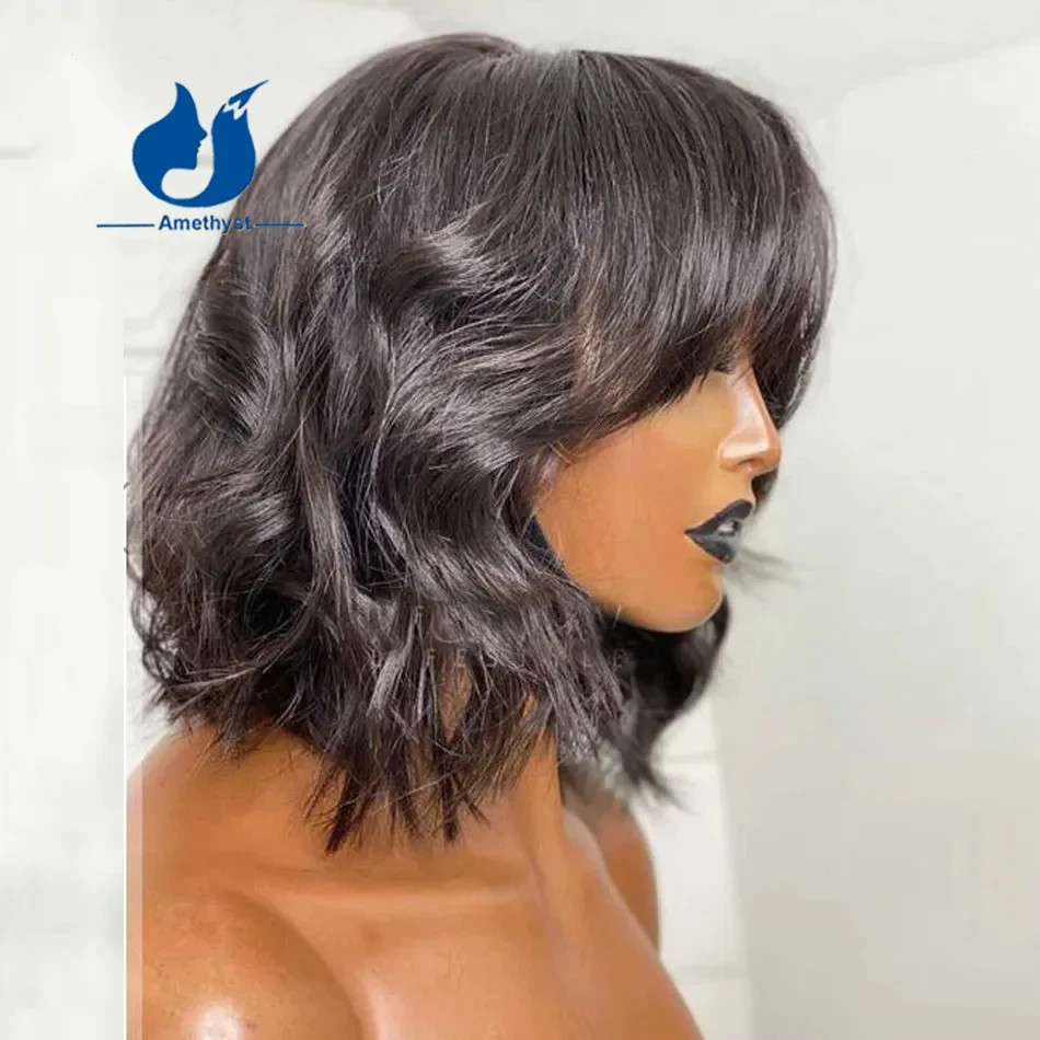 Wear And Go Short Wavy O Scalp Top Full Machine Made Wig With Bangs Human Hair