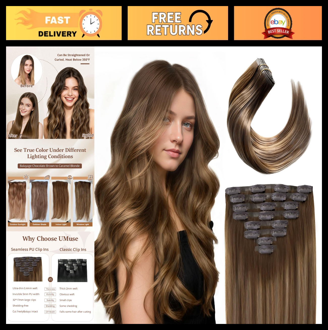 18″ 120g Clip In Hair Extensions, Real Remy Human Hair, Balayage Brown to Blonde