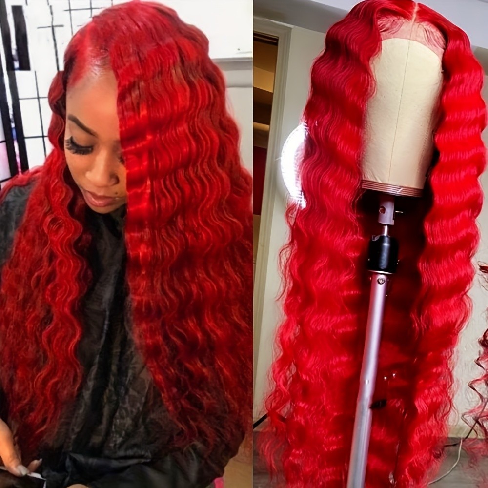 Synthetic Deep Wave Hair 26 Inch Red Color Lace Front Wigs Pre Plucked Hairline