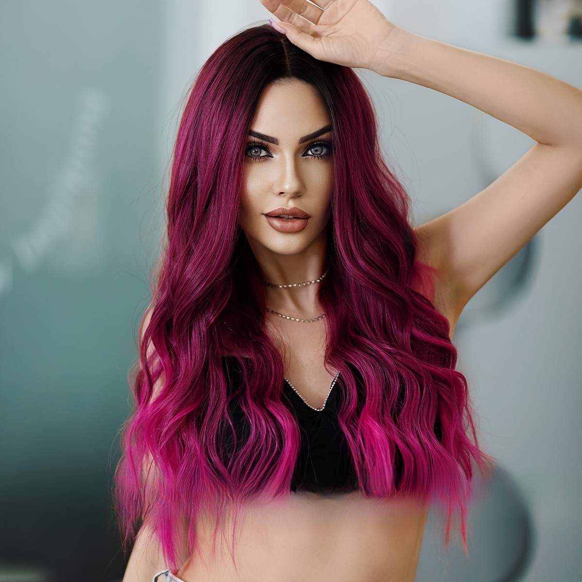Pink Wavy Middle Part Soft Synthetic Fiber Wig for Cosplay Daily Party Use 26″