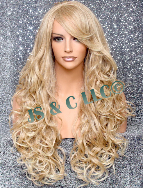 Human Hair Blend Wig Heat OK Curly Long Blonde mix Bangs Layered 27-613 NWT WBBT