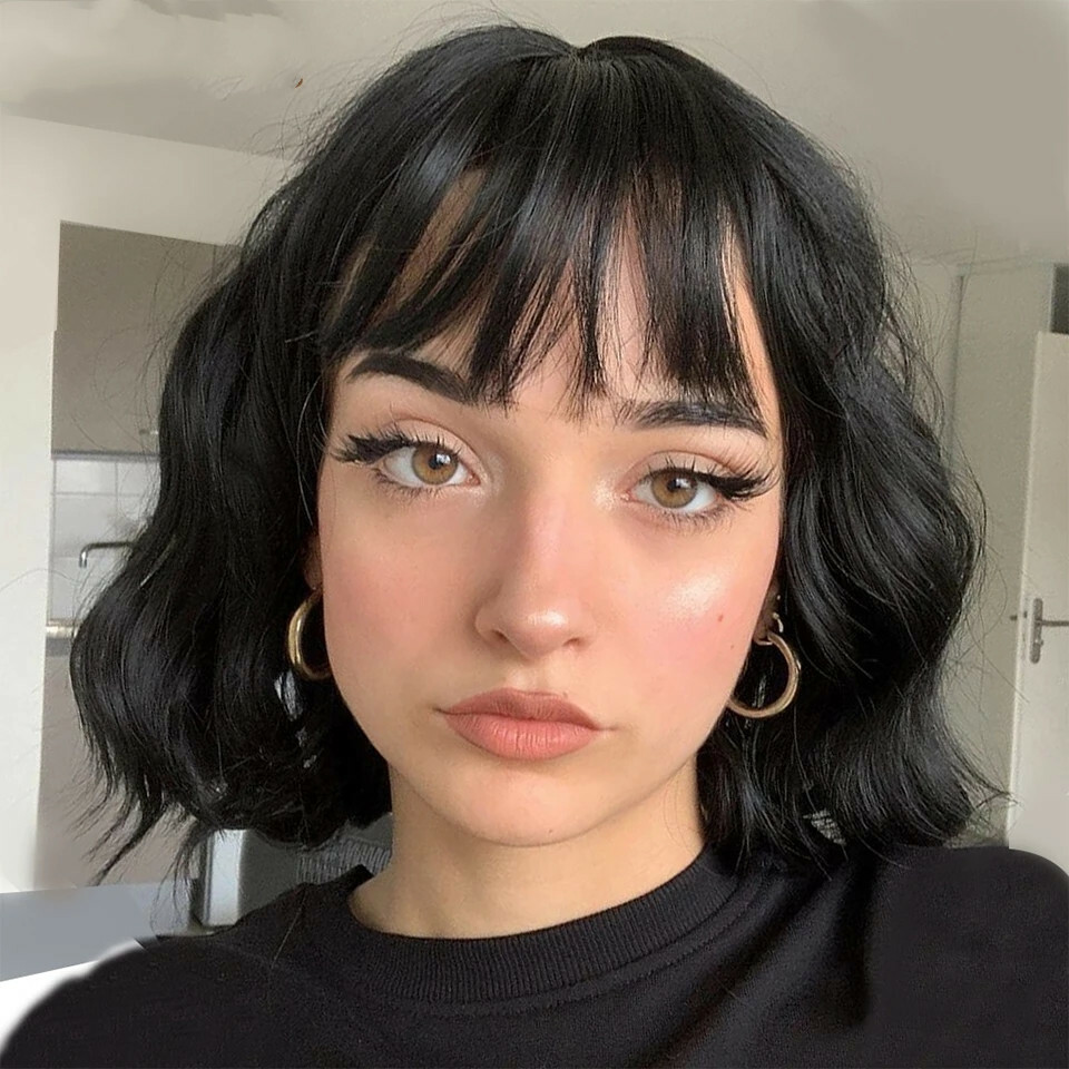 100% Remy Human Hair Wig Short Black Slight Wave Wig with Bangs Lace Front Wigs