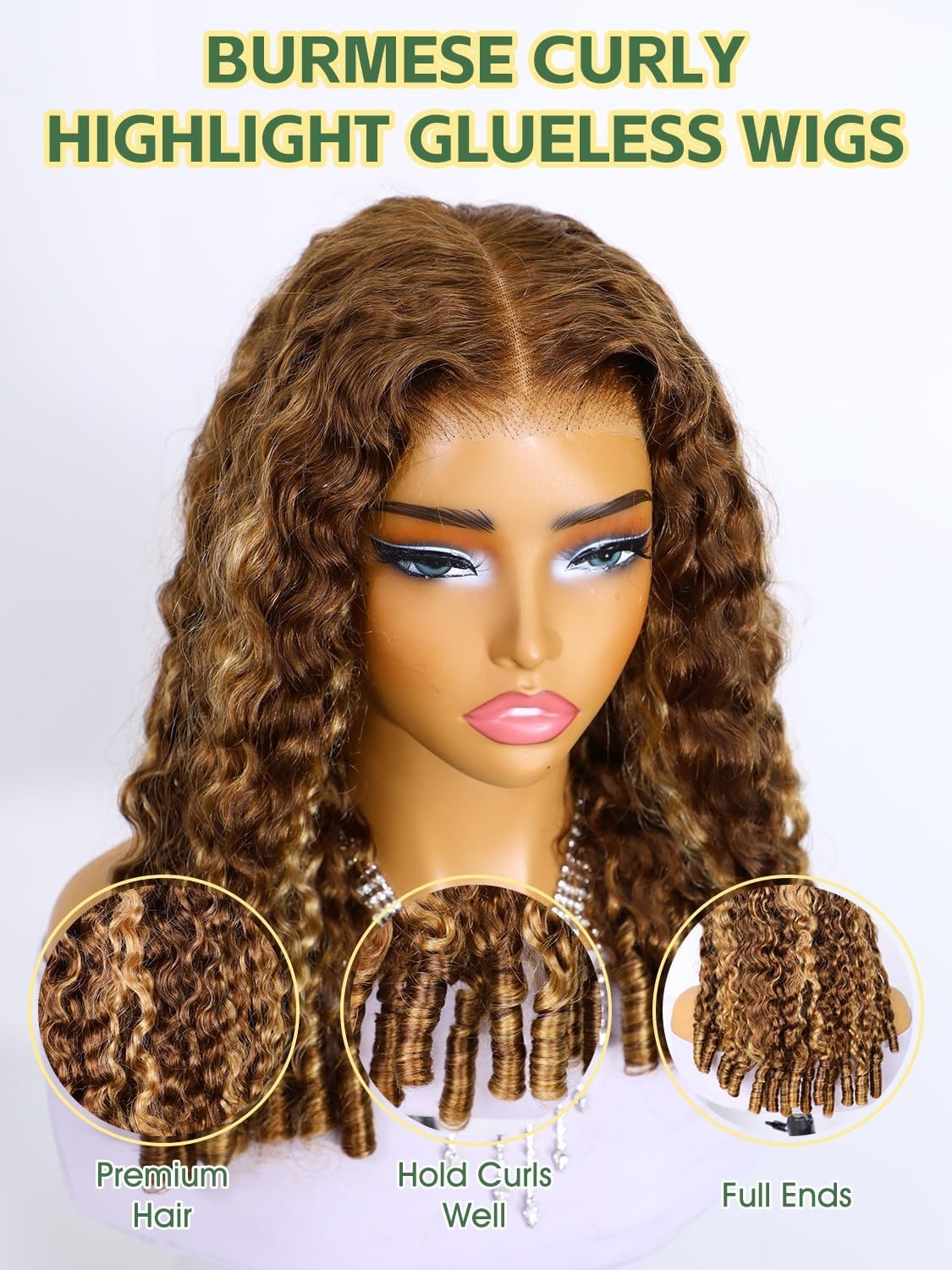 22″ Honey Blonde Ombre Curly Glueless Wig – 9×6 HD Lace, Pre-Plucked, 180% Densi