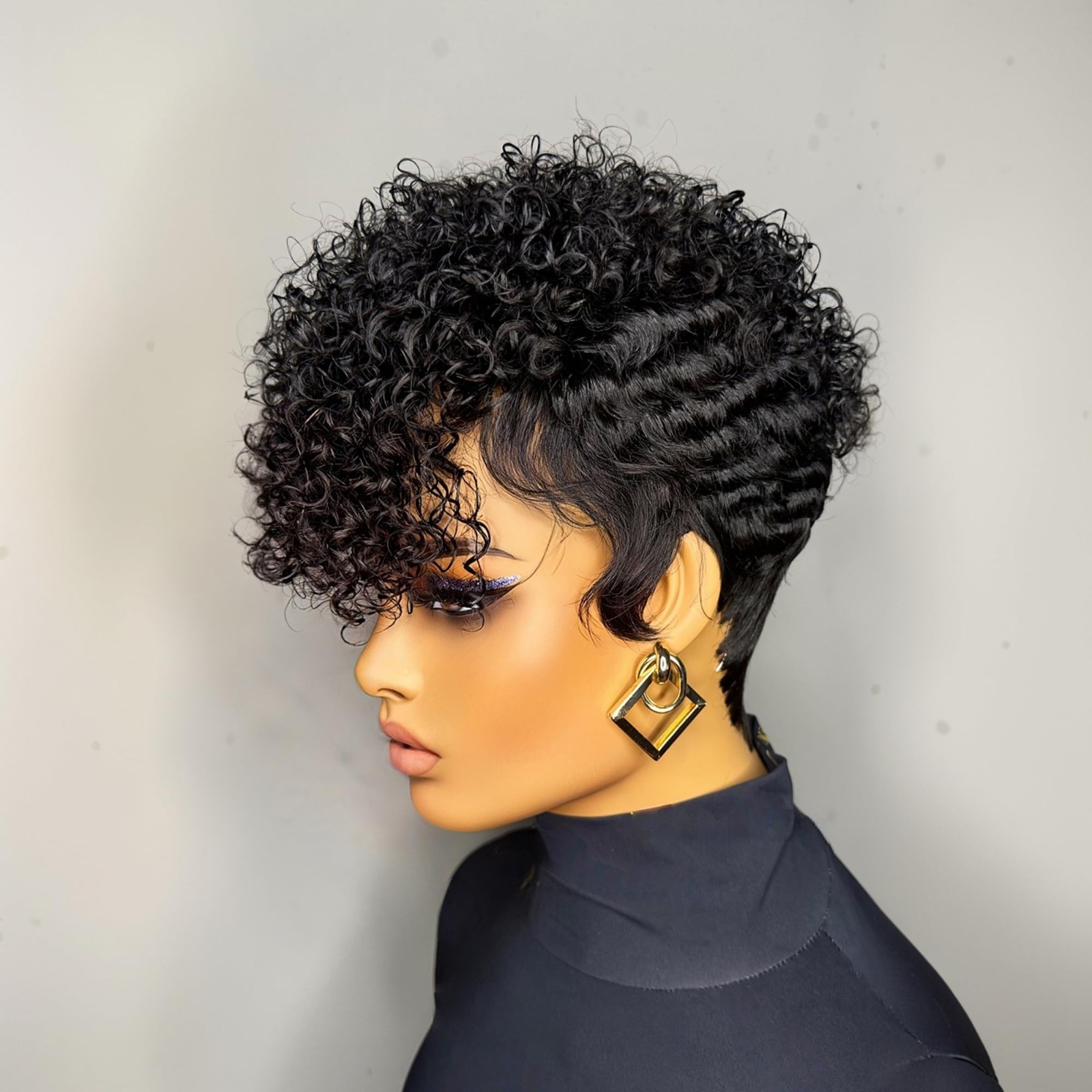 Short Layered Pixie Cut Human Hair Wig for Women – Curly Bangs, Glueless, Natura