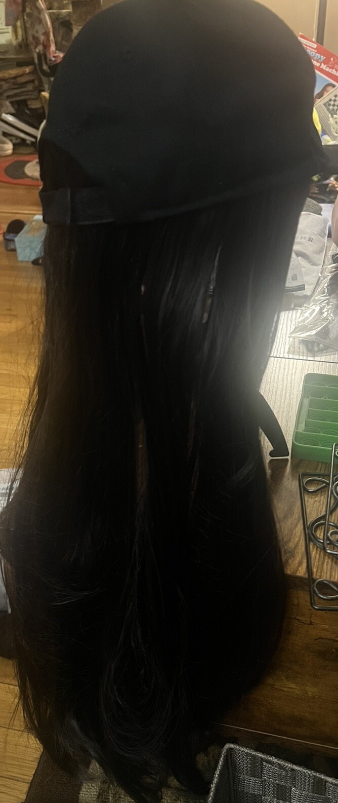 24” Long Straight Dark Brown Wig w/Baseball Hat