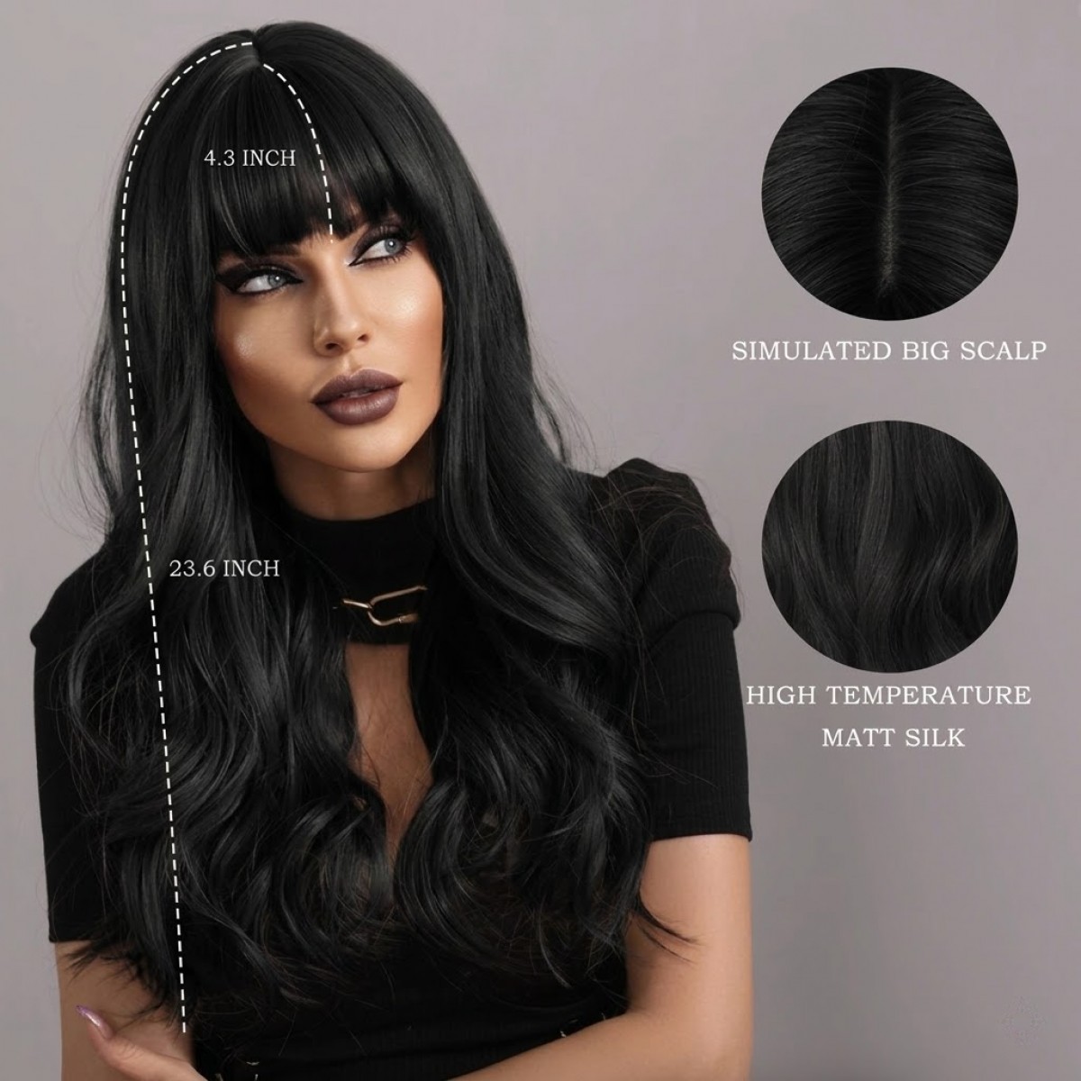 Off black Long Wavy Costume Wigs With Bangs Heat Resistant Hair Women