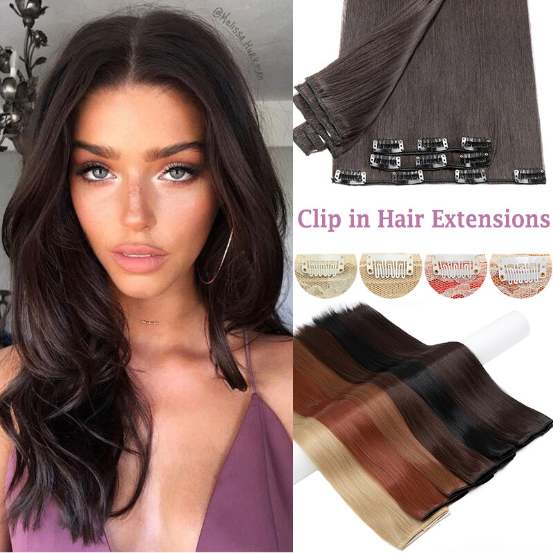 100% Real Natural Clip in Hair Extensions Full Head Thick 8Piece Long Wavy Ombre
