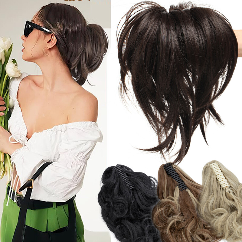 Messy Bun Scrunchie Hair Ponytail Claw Clip Updo Extensions as Human Thick Ombre