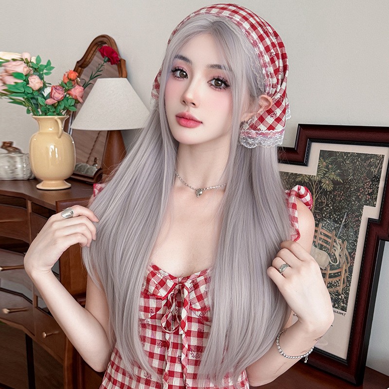 Purple Grey Middle Part Long Straight Wig Pre Plucked Lace Front Hand Tied
