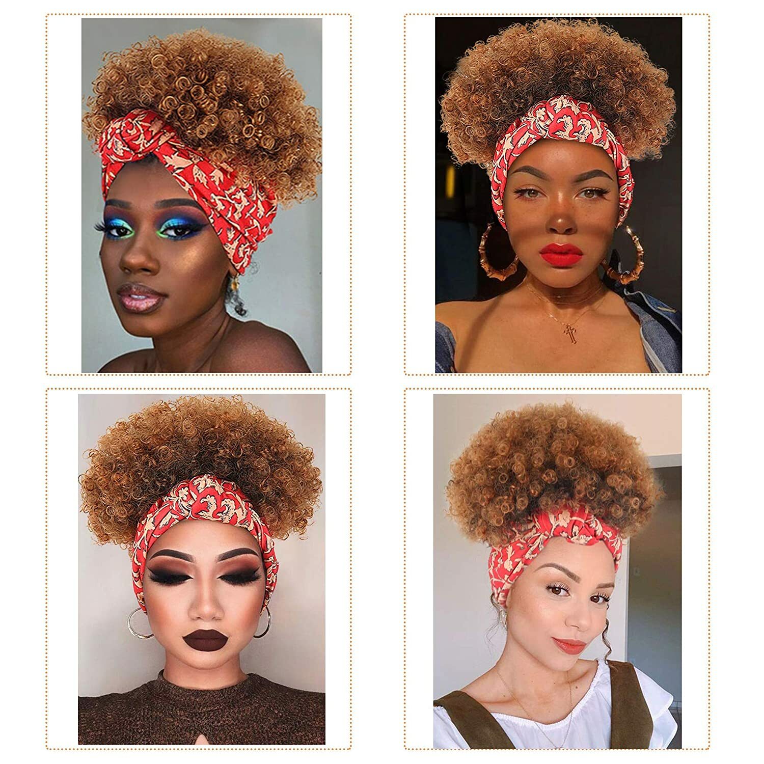Ombre Brown Kinky Curly Headband Wigs for Black Women Short Afro Synthetic Wig