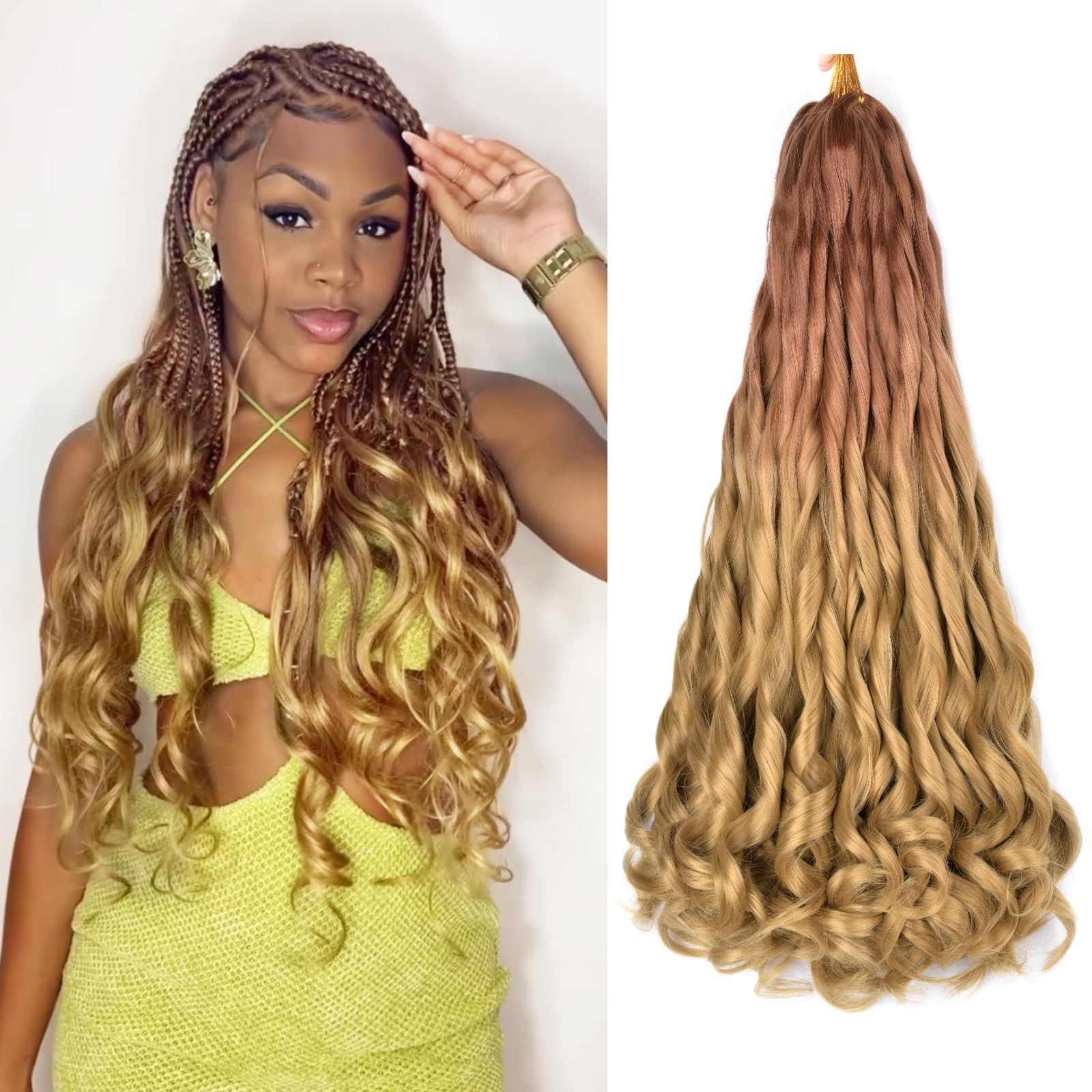 8 Packs 22″ French Curl Crochet Braiding Hair for Black Women 75g/Pack OT30/27