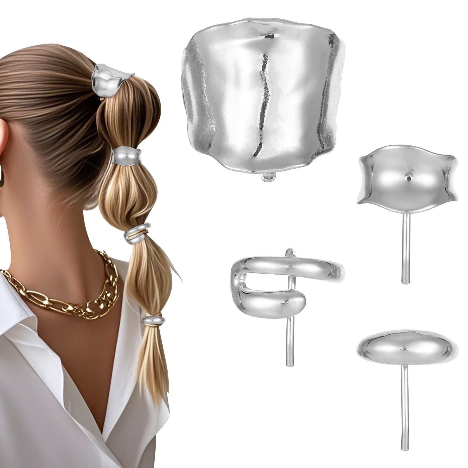 4 Pcs Hair Cuffs for Ponytails, Silver Hair Clips Metal Long High Ponytail Cu…