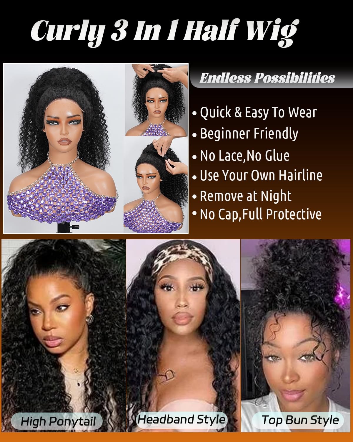 Sherico Kinky Curly Half Wig Human Hair 200 Density 3 In 1 Seamless Flip Over