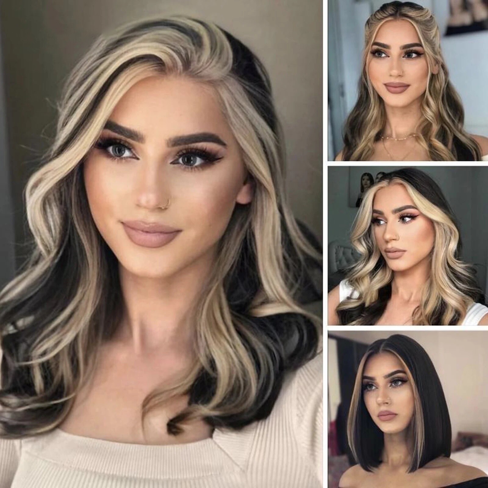 Black Color with Honey Blonde Stripe Human Hair 4X4 Lace Front Wigs for Women