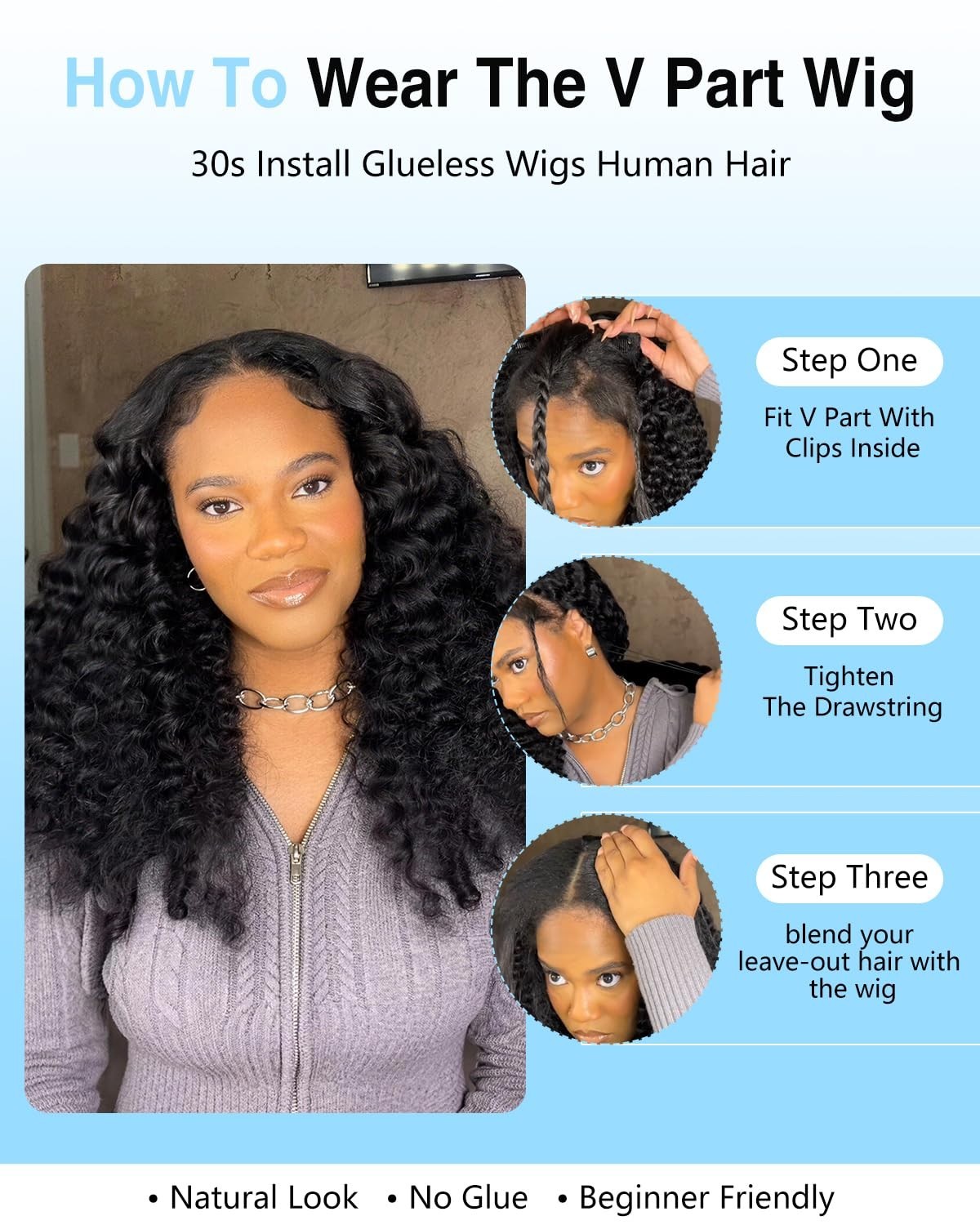 Curly V Part Wig 200% Density Human Hair, Glueless Clip-In Half Wig 16″ for Blac