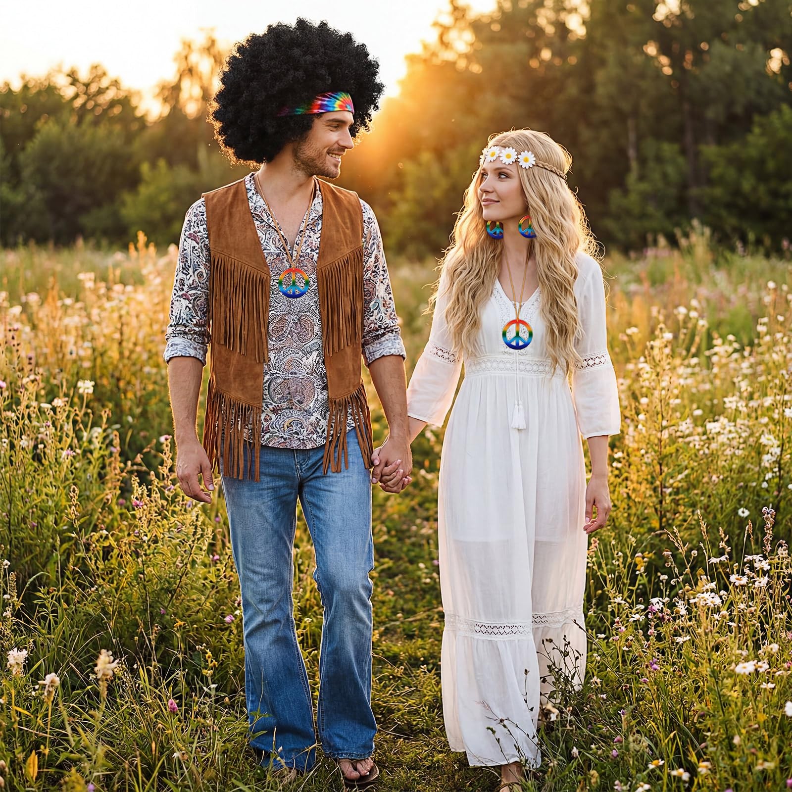9 Pcs Hippie Costume Accessories Set, Bandana Peace Sign Earrings Necklace Gl…