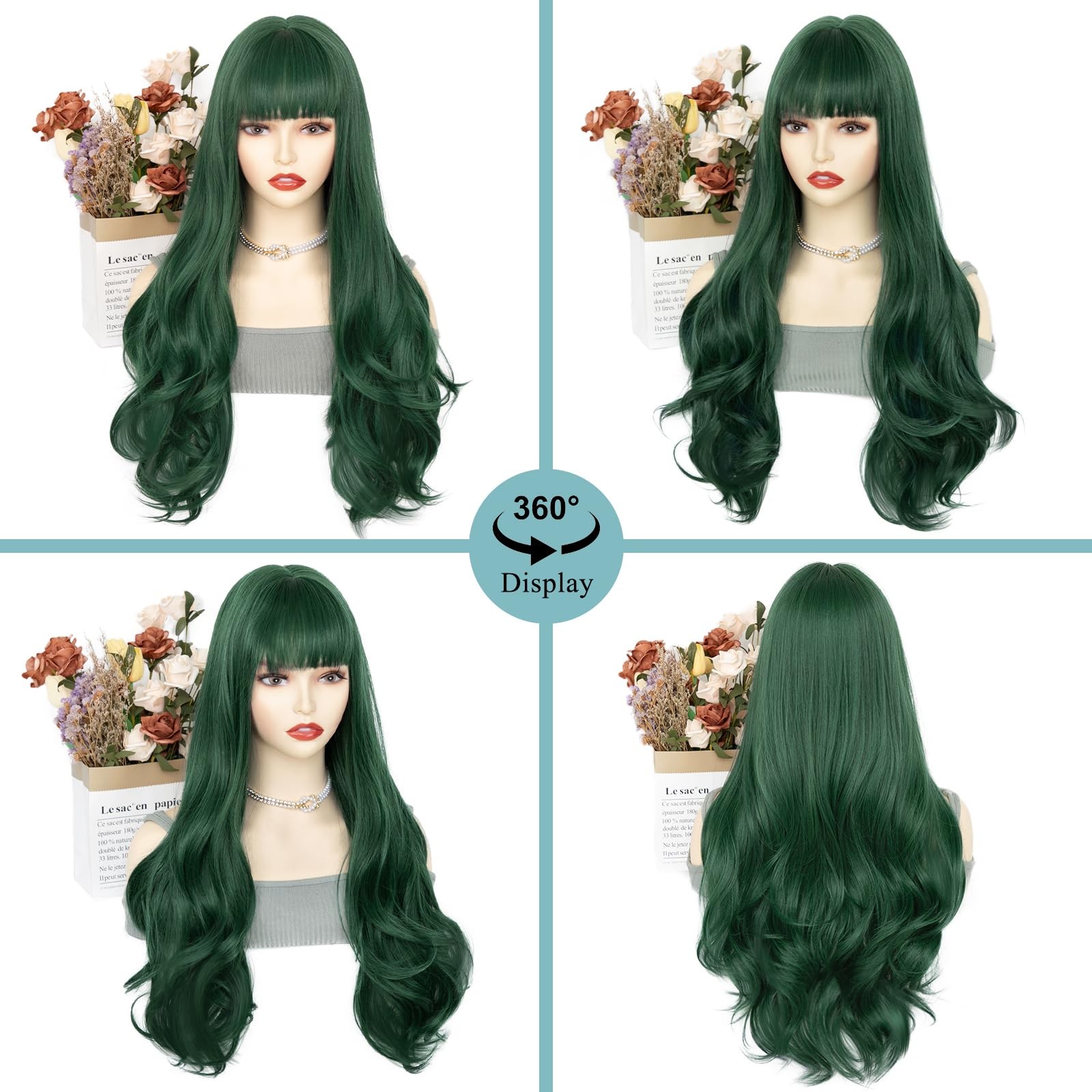 Dark Green Wig With Bangs, 26 Inch Long Natural Looking Hair for Women, Middl…