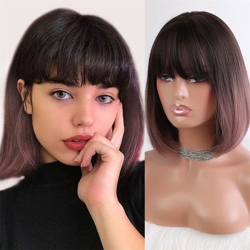 Women Fashion Short Hair Wig Pink Bobo Full Head Cover Straight Bangs Gradient