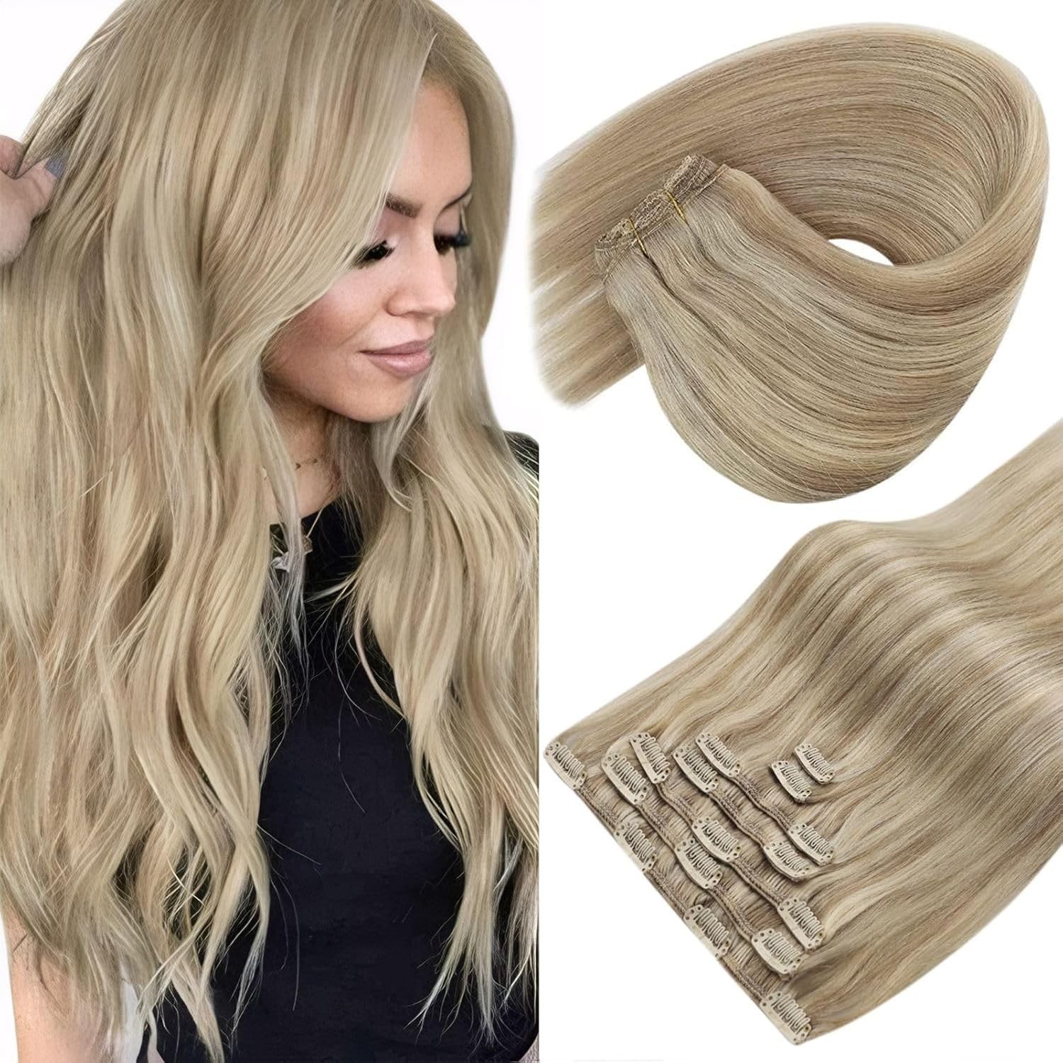 Sunny Hair Clip in Hair Extensions Straight Human Hair Clip in 18in Golden Blond