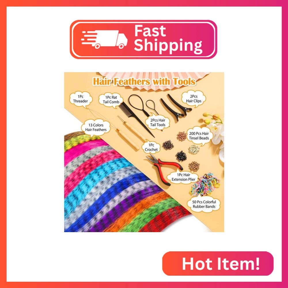 65 Pcs Hair Feathers with Hair Extension Tools, 13 Colors Long Straight Syntheti