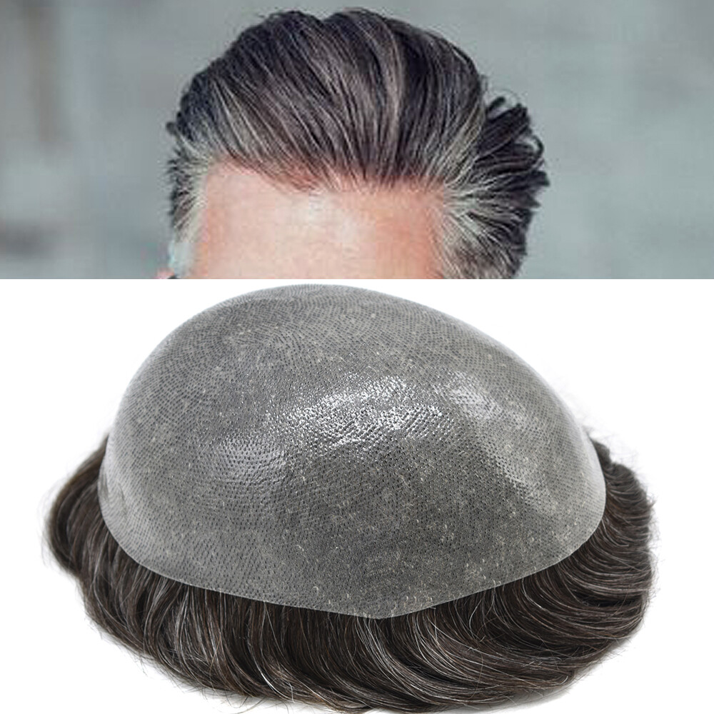 Full Poly Mens Toupee All Skin Pu Hair Replacement System for Men Hand Tied Wig