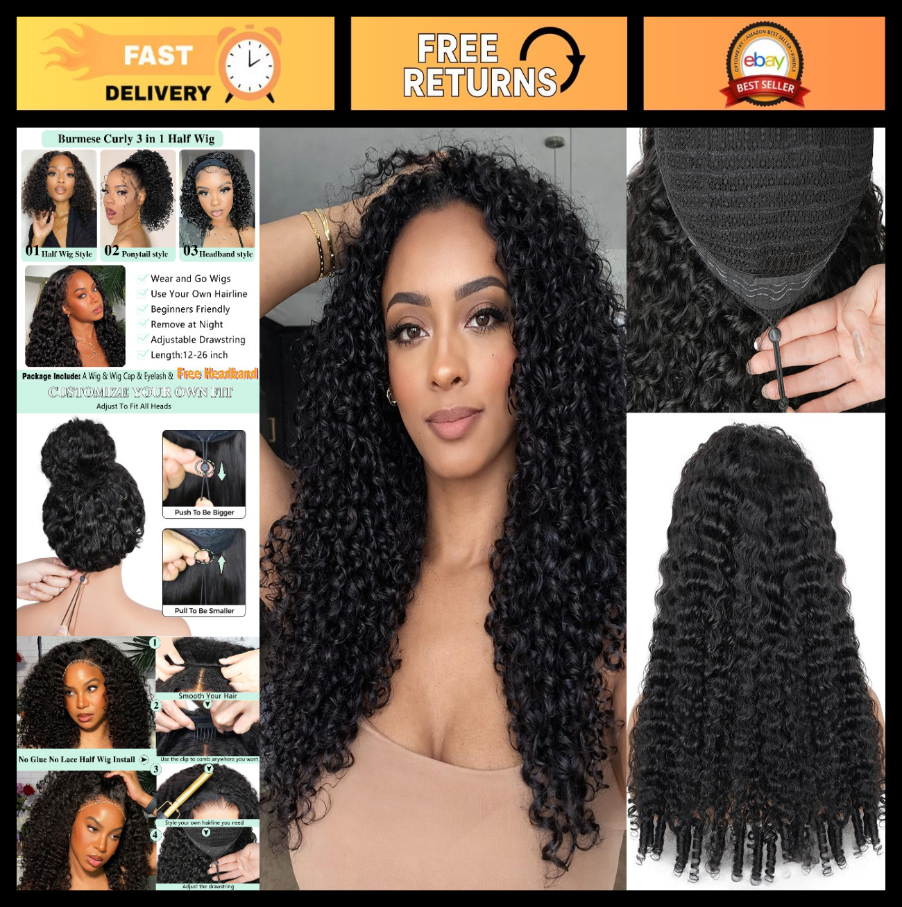 200% Density Curly Half Wig Human Hair – Drawstring, Seamless, Quick Install, 26