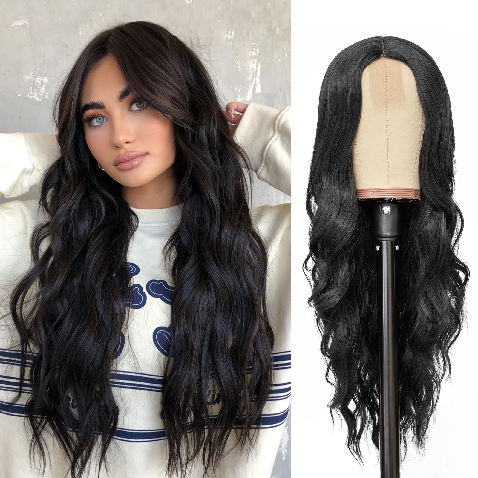 26 Inch Long Wavy Black Wig for Women, Middle Part Natural Looking Synthetic …