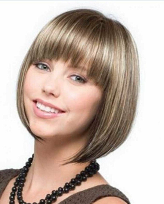 Women’s Gold Blonde Mixed Brown Highlights Short Bob Straight Wig Synthetic Hair