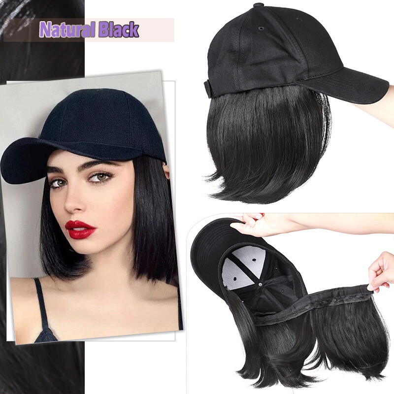 Baseball Cap with Straight Curly Hair Wig Women Wavy Bob Wigs Natural Hairpiece