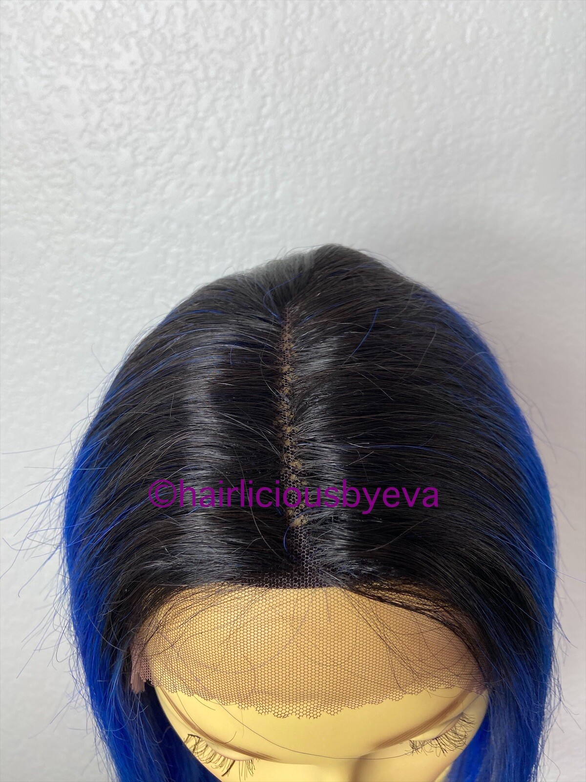 100 Percent Human Hair Wig Blue Ombré Black Lace Front Middle Part 16 Inch Long