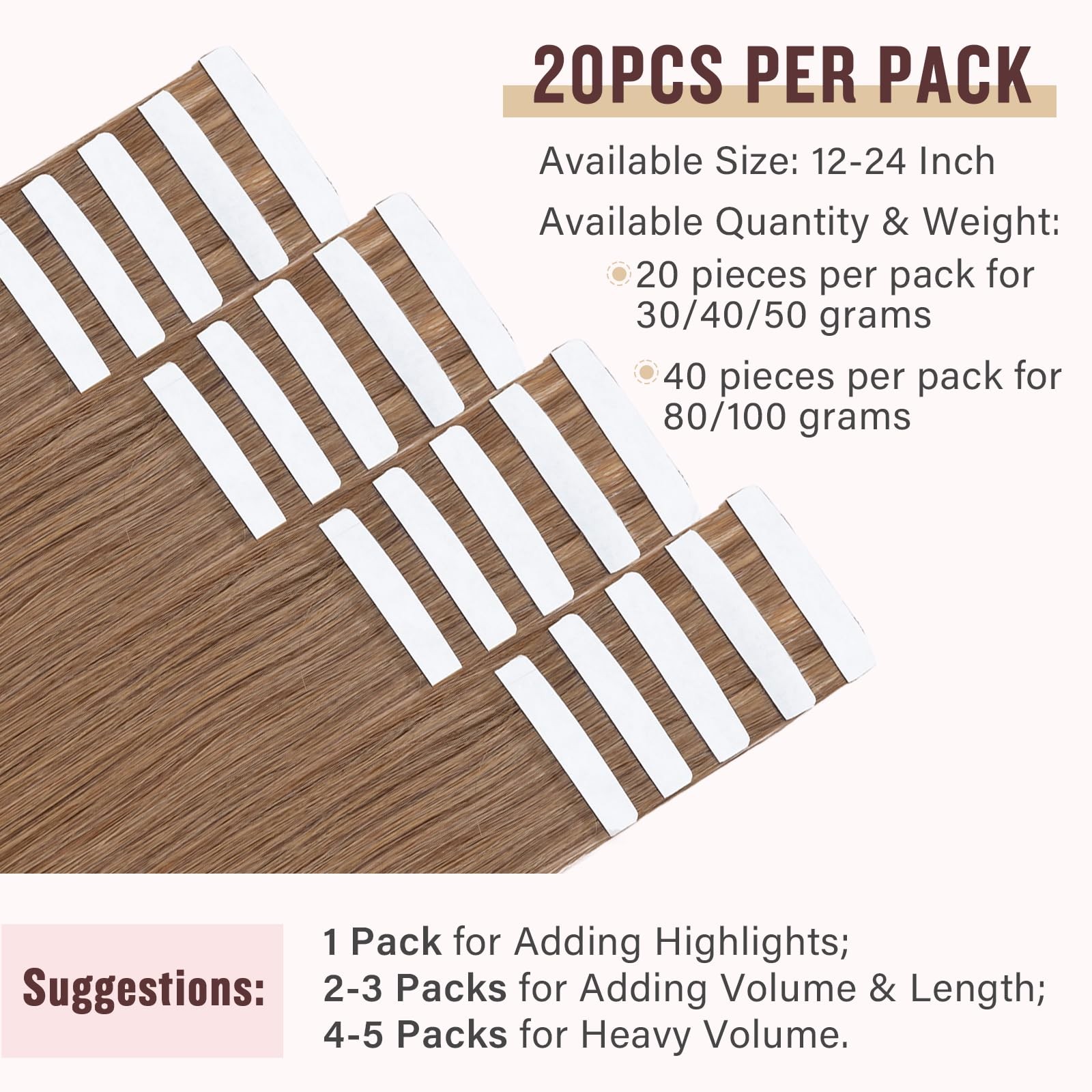 Hairro Remy Tape In Human Hair Extensions 24 Inch 20Pcs 50G Blondish Brown Long