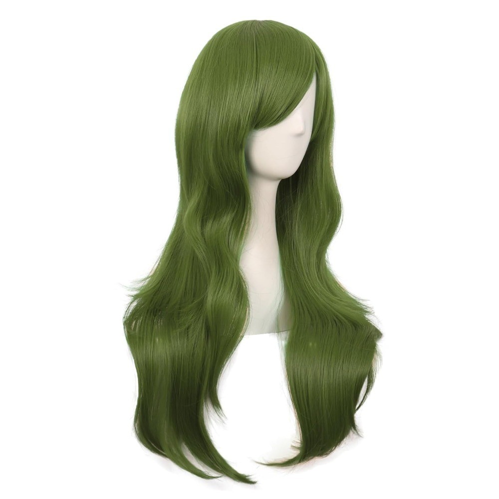 Long Curly Cosplay Wig for Women with Side Bangs 28 Inch Olive Green Synthetic