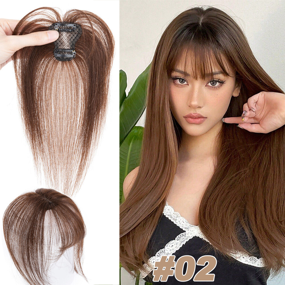 100% Real Human Clip in Hair Fringe 3D 360° Cover Air Bangs Lace Topper Toupee