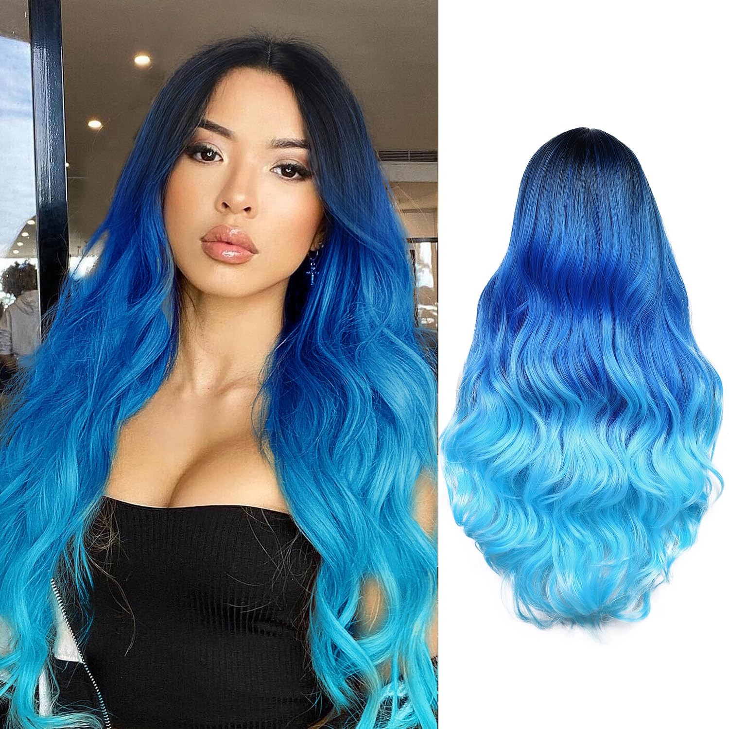 Long Blue Wavy Wigs for Women Ombre Blue Body Wave Mermaid Hair Wigs Long Cur…