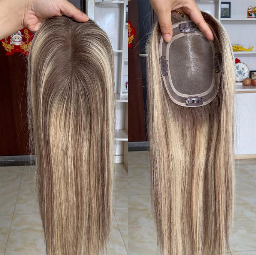 14″ 16″ 18″ Mono Base Rooted Blonde European Virgin Human Hair Toppers 5×6″