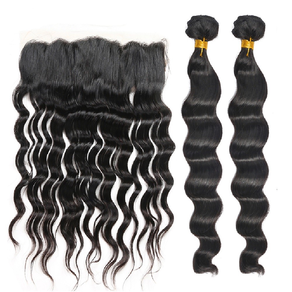 Loose Wave Virgin Hair 2 Bundles with 13*4 Free Part Lace Frontal Natural Black