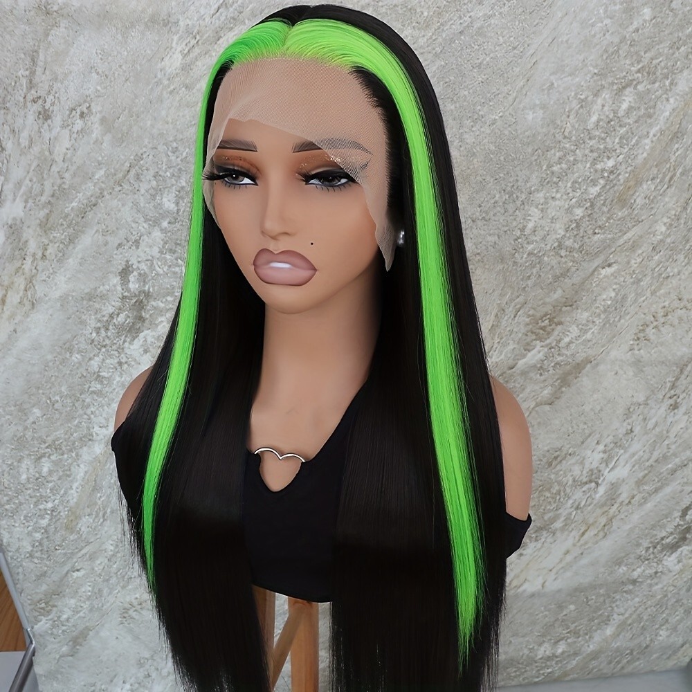 Green Highlight Black Skunk Stripe Frontal Lace Wigs Synthetic Glueless Straight