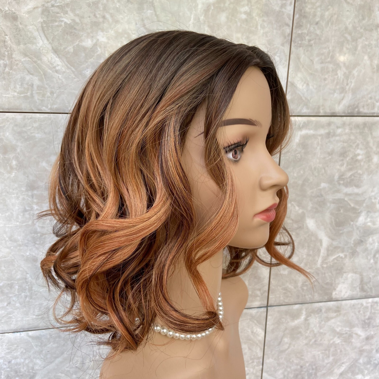 Medium Curly Wavy 100% Human Hair Blend Heat Ok Wigs Brown Mix Blonde Women Soft