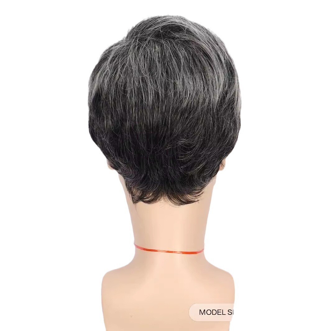 Pixie Black Grey Mixed Wigs For Men Short Gray No Lace Glueless Synthetic WigS