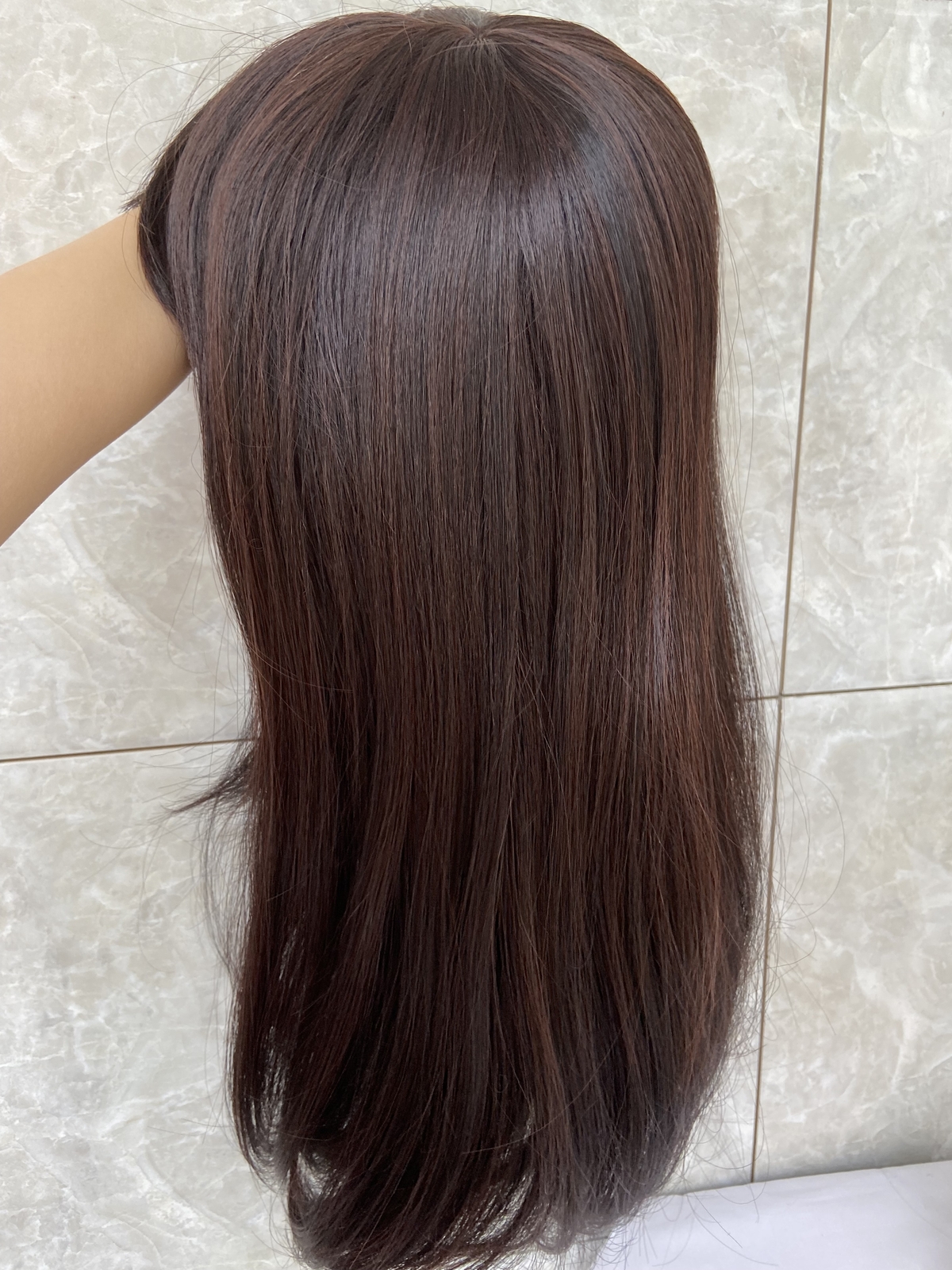 Long Straight Human Hair Blend Heat Ok Wigs Dark Brown Super Soft Natural Wigs