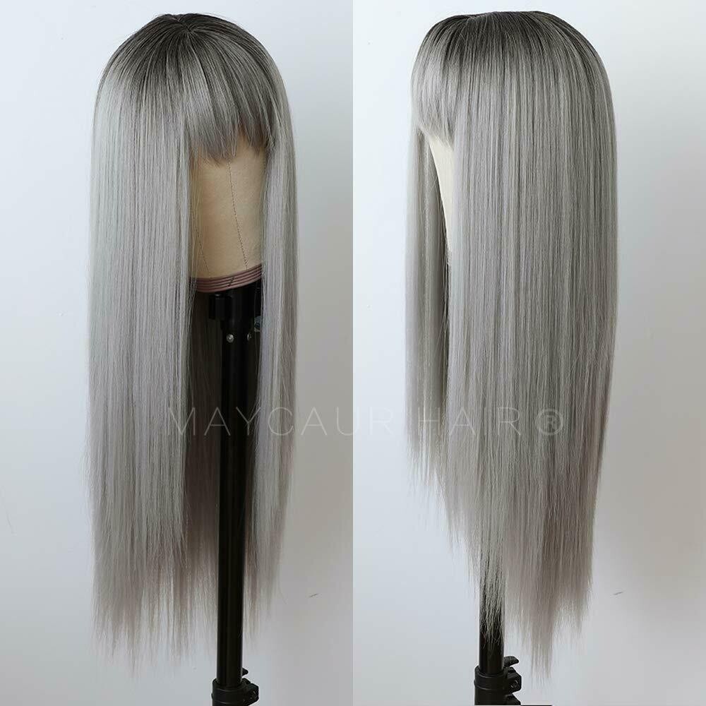 Ombre Black Gray Long Straight Hair Full Bangs Wig Heat Safe Synthetic Wig Party