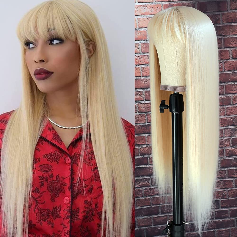 #613 Blonde Long Straight Synthetic Hair Wigs with Bangs Women’s Costume Wig …