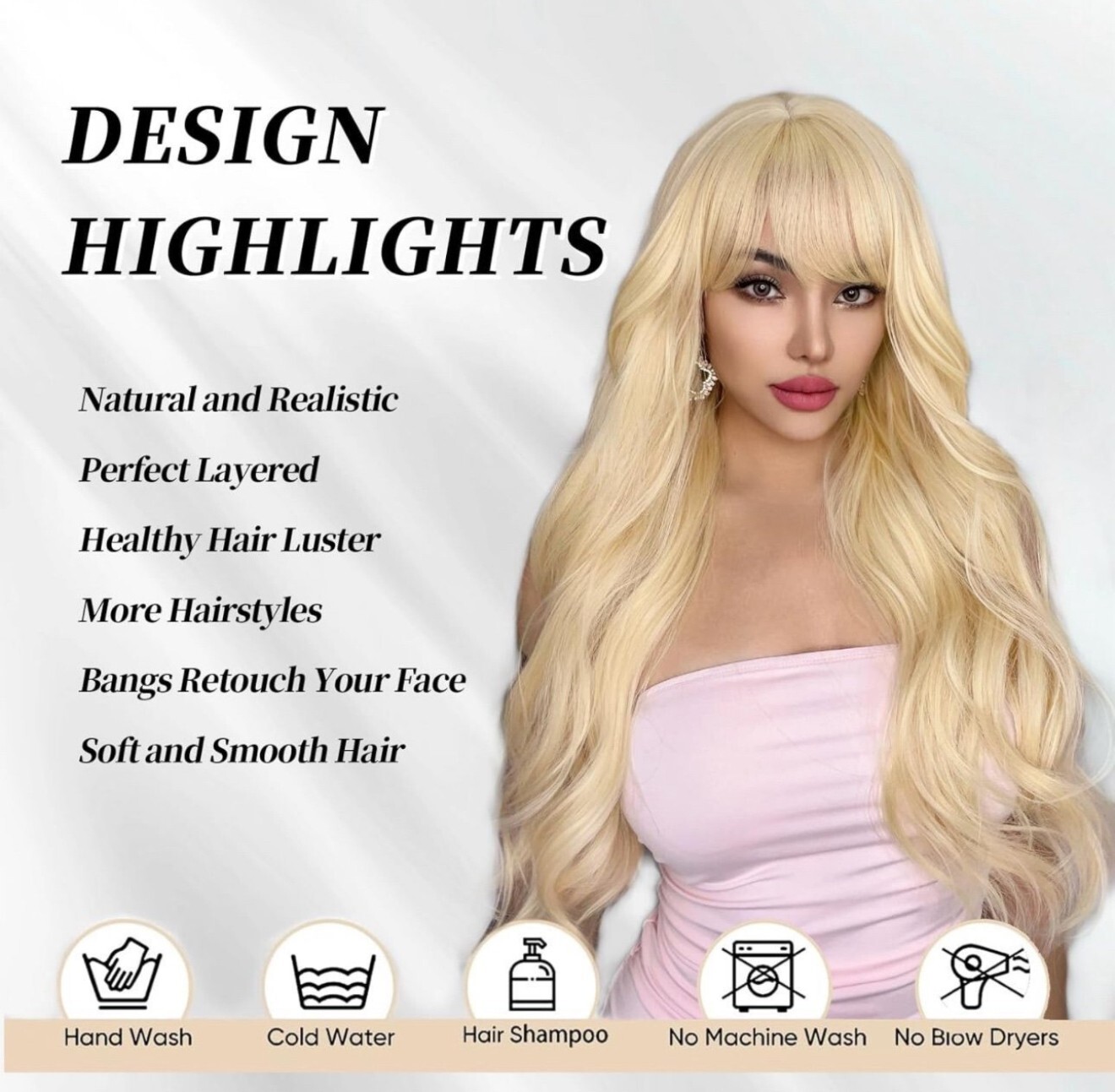 Blonde Wig with Bangs, Heat Resistant Synthetic Wigs 23 Inches