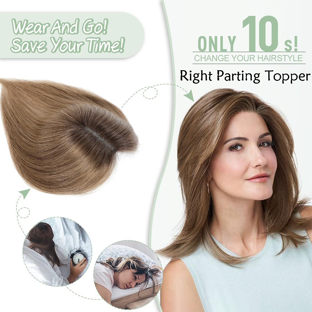 Silk Base 100%Human Hair Topper Clip in Hairpiece Wig Toupee Top Piece Side Part
