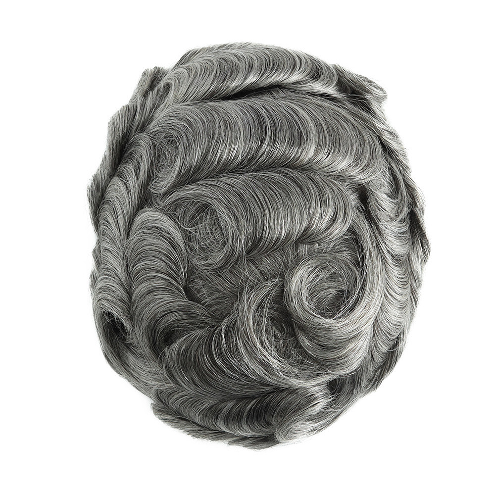 Full French Lace Toupee For Mens Human Hair Replecement System Hairpiece Grey